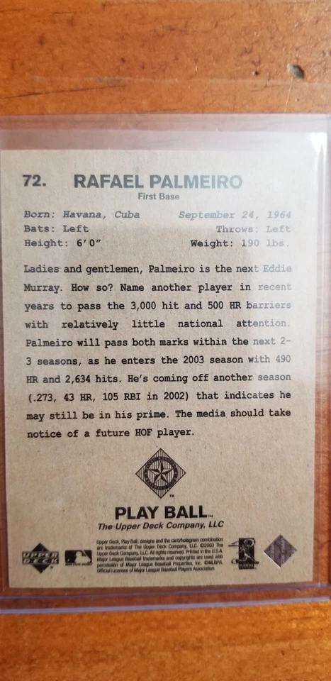 2003 UPPER DECK PLAYBALL RAFAEL PALMEIRO - Image 2 of 2