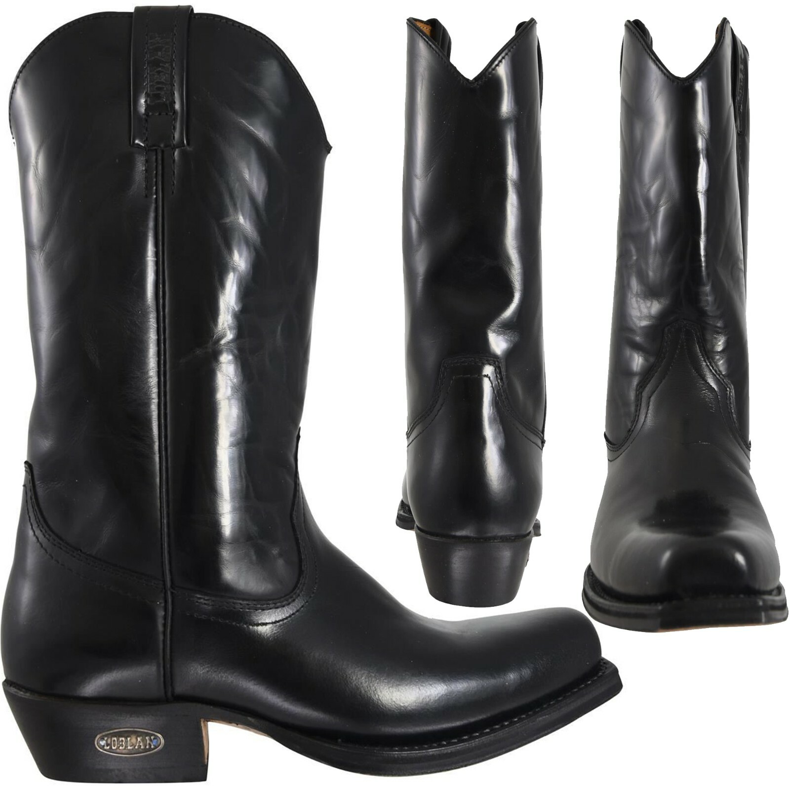 LOBLAN 000 HR Black Unisex Shiny Leather Western Cowboy Boots UK Size 7 - 12 - Picture 4 of 6