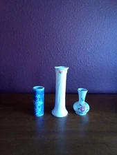 Vintage Set of 3 Bud Vases 4" Floral, 4" Floral Blue/White, 7" White/Pink Heart