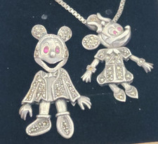 Mickey Mouse Minnie Mouse Sterling Silver 925 Red Stone Pendants w/ chain