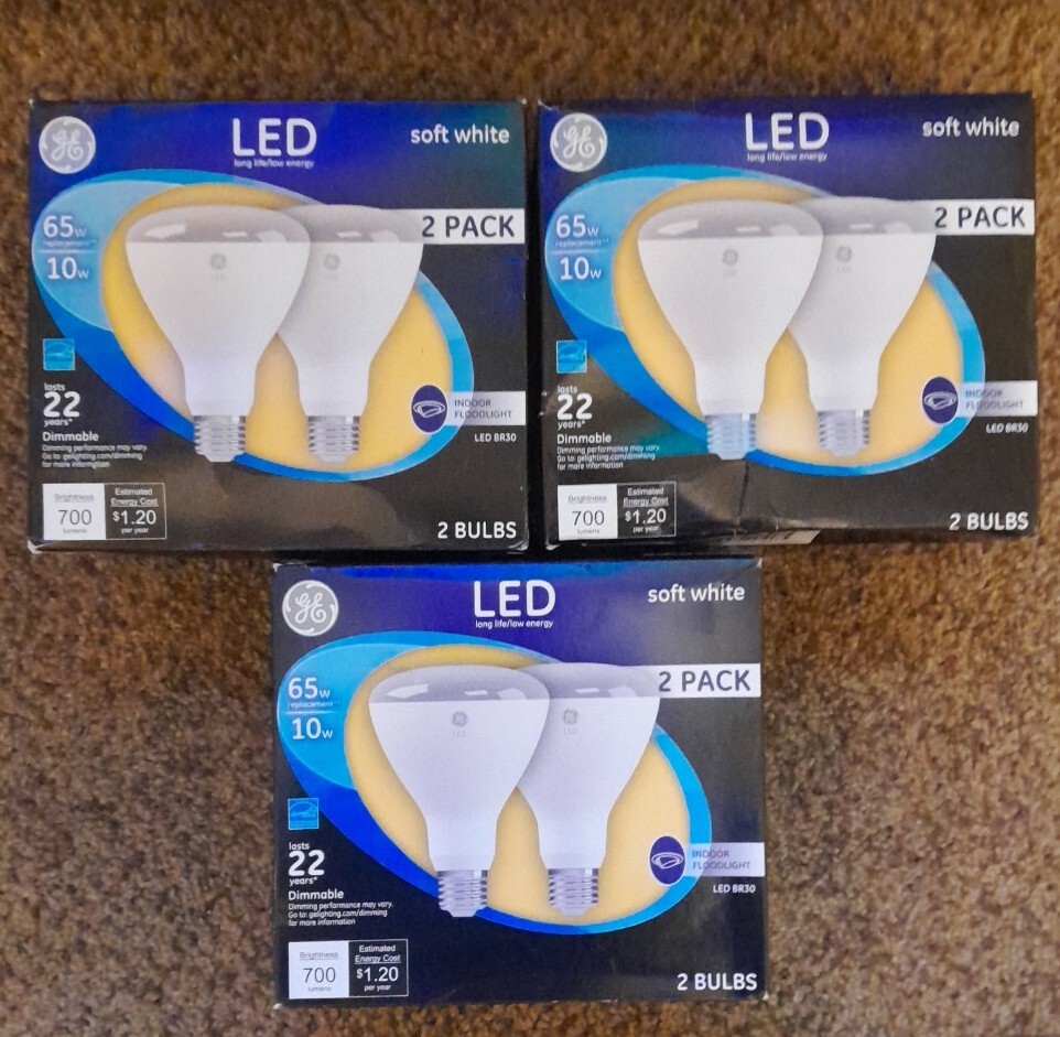 (3) 2 Pack Of GE 65W 10W BR30 Soft White LED Indoor Flood Light Bulbs Dimmable