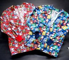 2 Holiday Scrub Tops Christmas Long Sleeve Button Medical Coat Snowman Reindeer