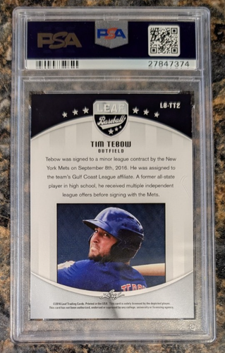 2016 Leaf Tim Tebow #TT2 PSA 9 1st Baseball Card - Picture 2 of 2