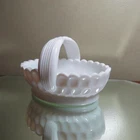Fenton Olde Virginia Line Milk Glass Split handle oval basket thumbprint