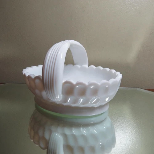 Fenton Olde Virginia Line Milk Glass Split handle oval basket thumbprint