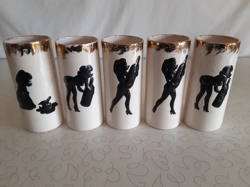 Vintage Handmade Barware Glasses Naked Lady Silhouette 3D Gold Trim Set of 5