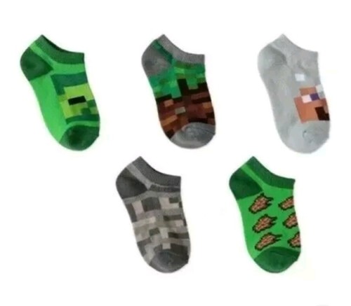 Minecraft Boys No Show Socks 5 Pair Green Gray Sizes S