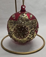 VTG Frontgate Embellished Gold On Red 5”Hand Blown Glass Ornament 