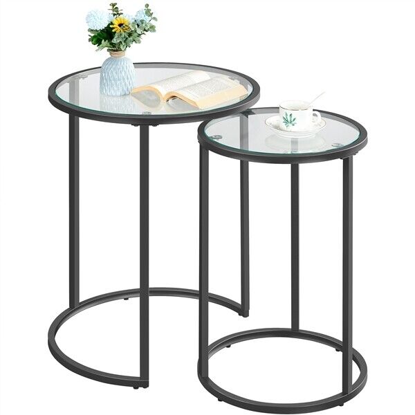 Round Nesting Side Tables End Table Coffee Table w/Metal Frame & Glass Top Black