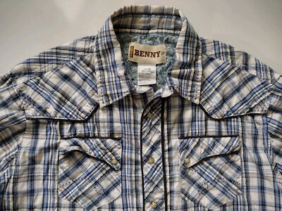 Wrangler Benny Western Long Sleeve Snap Button Polo Shirt Bluewhite plaid Mens L
