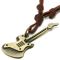 Vintage Guitar Pendant Necklace For Men Women With Adjustable Brown Leather Cord Vintage Guitar Pendant Necklace For Men Women With Adjustable Brown Leather Cord