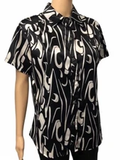 Tricot Jeans Black White Button Down Collar Short Sleeves Satin Shirt Sz Large