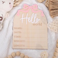 Pink Bow Hello World Newborn Welcome Board - Wooden Baby Stats Sign, Birth An...