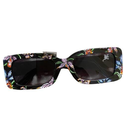 Ed Hardy Logo Sonnenbrille schwarz quadratisches Gestell Blumenmuster Damen neu mit Etikett