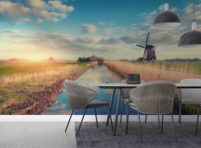 3D Sunset Sky River Windmill Wall Murals Wallpaper Murals Wall Sticker