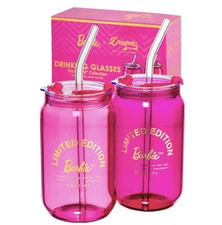 Barbie x Dragon Glassware Limited Edition Drinking Glasses (2) w/ Lid & Straw.