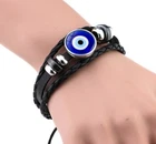 Black Leather Men Bracelet Evil Eye Greek Mati Turkish Nazar Weaved Cuff Blue