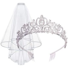 Tiara and Lace Bridal Veil Crown Wedding Veils and Headpieces for Women White...