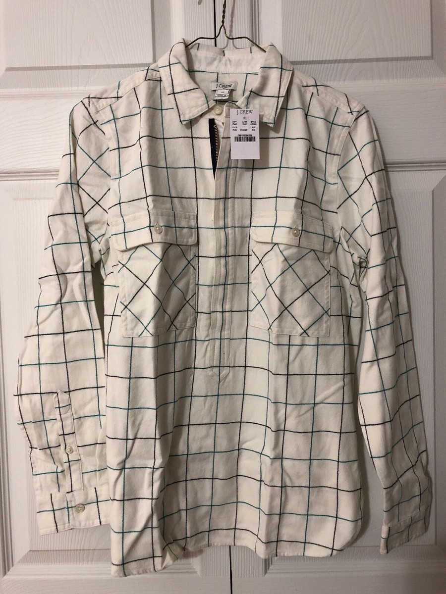 NWT J Crew Plaid Flannel Shirt Jacket $60 Size XS Ivory Navy Blue Green 999