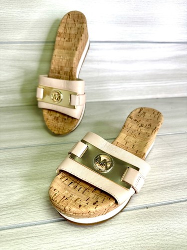 Michael Kors EXCELLENT Warren Platform Sandal 8 Pink Cork Wedge Shoe Logo Slide - 第 8/9 張圖片