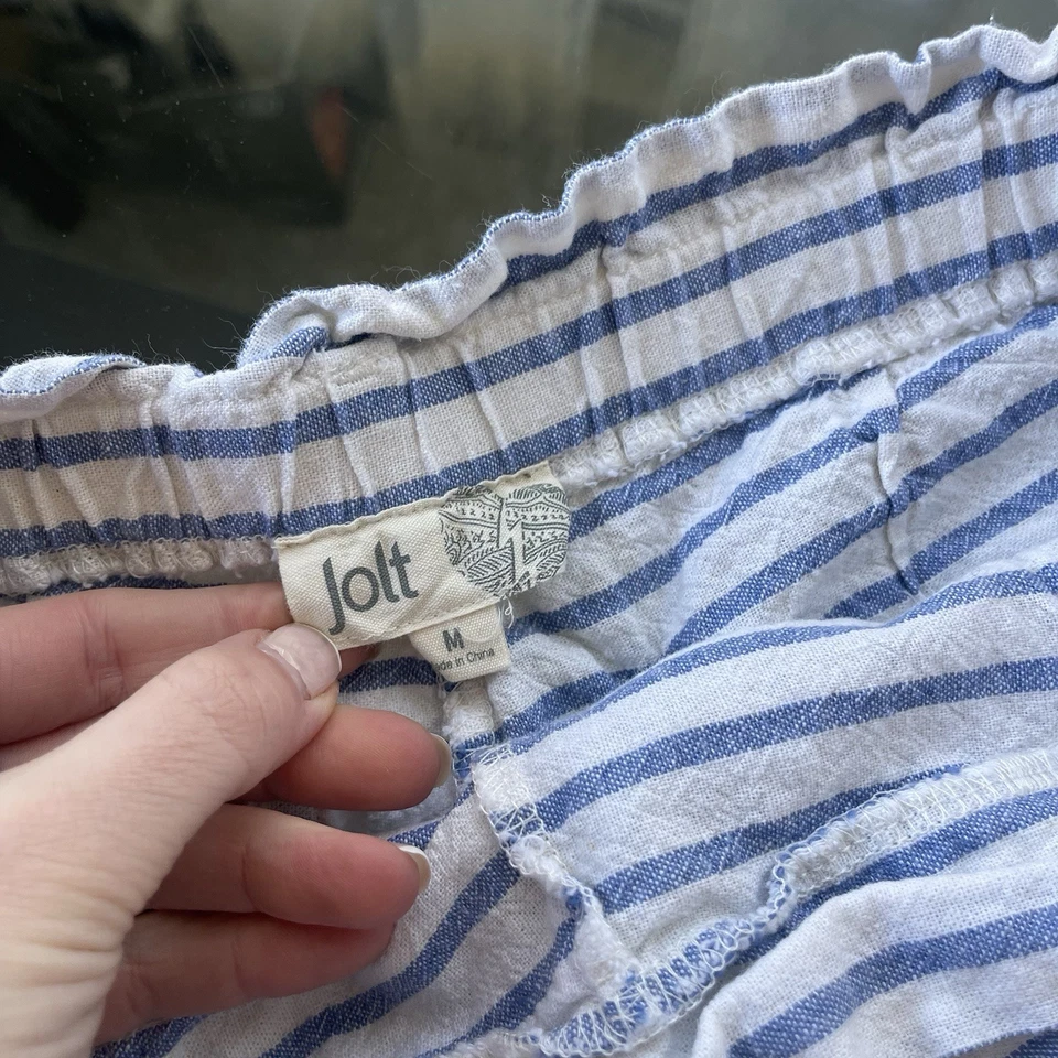 Pantalones cortos para mujer Jolt talla mediana a rayas mezcla de lino blanco azul vacaciones Foto 3 de 4