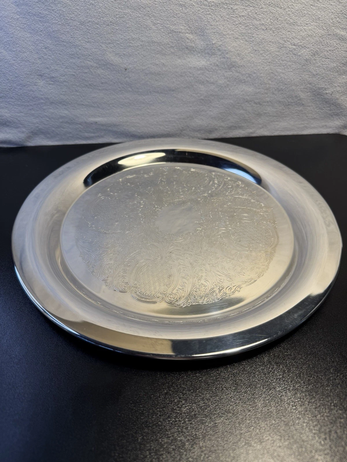 Vintage 12" Silver Plated Round Serving Tray Etched Floral Scroll Made In HK