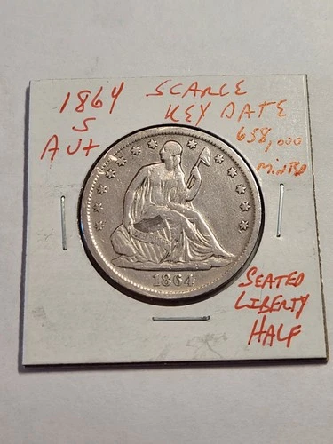 1864 S AU+++ SCARCE SEATED LIBERTY HALF DOLLAR RARE LOW MINTAGE