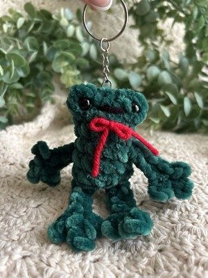 Handmade Crochet Leggy Frog Red Bow Plushie Keychain Bag Charm Cute