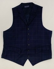 Paul Fredrick Navy Windowpane Plaid Wool Collared Vest Flap Pockets Sz 40