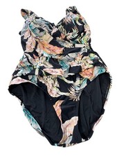 Jantzen Printed Surplice Maillot One Piece Swimsuit Size 16 Black Cabana NEW