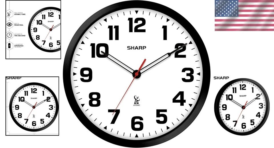 Easy Read Atomic Wall Clock - 12" Stylish Frame - Image 2 of 4