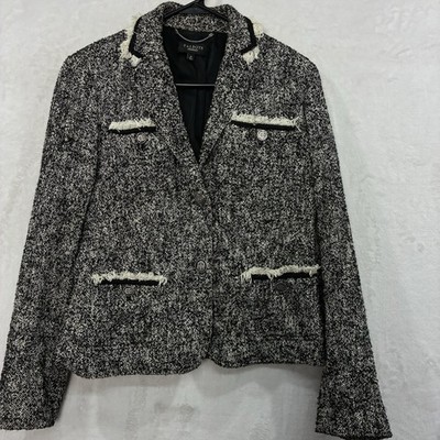 Talbots Tweed Blazer Jacket Women s 10 Black Cream Fringe Pockets Career Exec