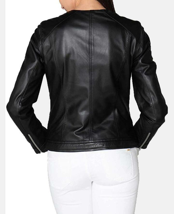 ジャケット Collarless Leather Jacket Womens Collarless Leather Jacket Black Lambskin Motorcycle