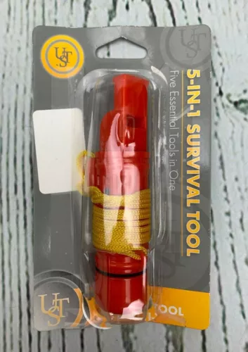ust 5 in 1 Survival Tool Compass Emergency Whistle Fire Starter Signal Mirror