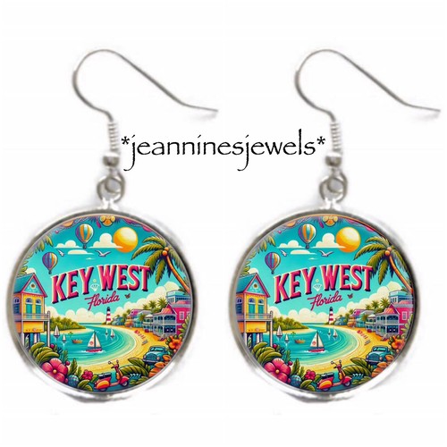 Key West Florida EARRINGS Souvenir Travel Art Print SILVER Charm Dangle Earrings - Picture 7 of 13