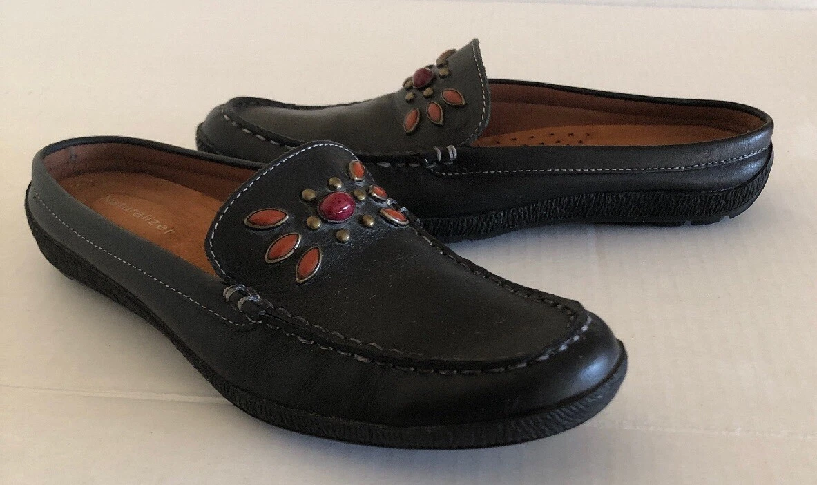 Naturalizer Ady Black Leather Mules Flats Slip On Slides Beaded