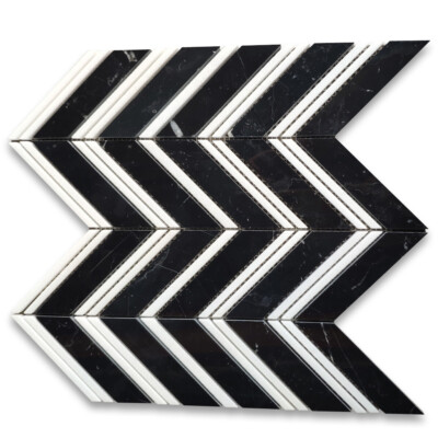 N7B5XP Nero Marquina Black Marble Chevron Mosaic Tile Thassos Lines Polished