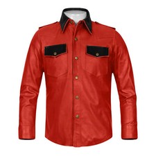 Stylish Casual Biker Outdoor Men's Red Leather Shirt Real Soft Lambskin Handmade