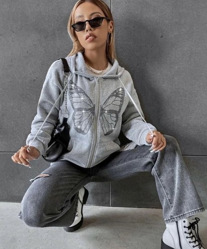 Graue Schmetterlingsjacke mit Reißverschluss und Hoodie und Strass NEU - Größe M - Bild 2 von 2