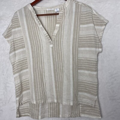 Sigrid Olsen Women S Blouse Top Linen Blend Short Sleeves Striped Tan Oversized