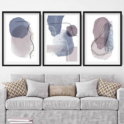GERAHMT Abstrakt Gold Effekt Aquarell Lila Formen Wandbild Geschenk 3er Set