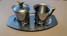 Chrome Kromex MCM Vintage Cream & Covered Sugar w Tray Kromex Stickers