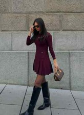NWT ZARA Pleated Knit Mini Dress w/ Long Sleeves Burgundy Red 2142/269 Size S