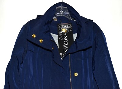 Anorak Navy Blue Rain Resistant Roll Snap Sleeves Hidden