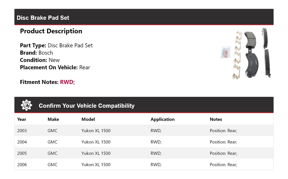 For 2003-2006 GMC Yukon XL 1500 RWD Bosch QuietCast Ceramic Brake Pads Rear 2004 - Image 2 of 4
