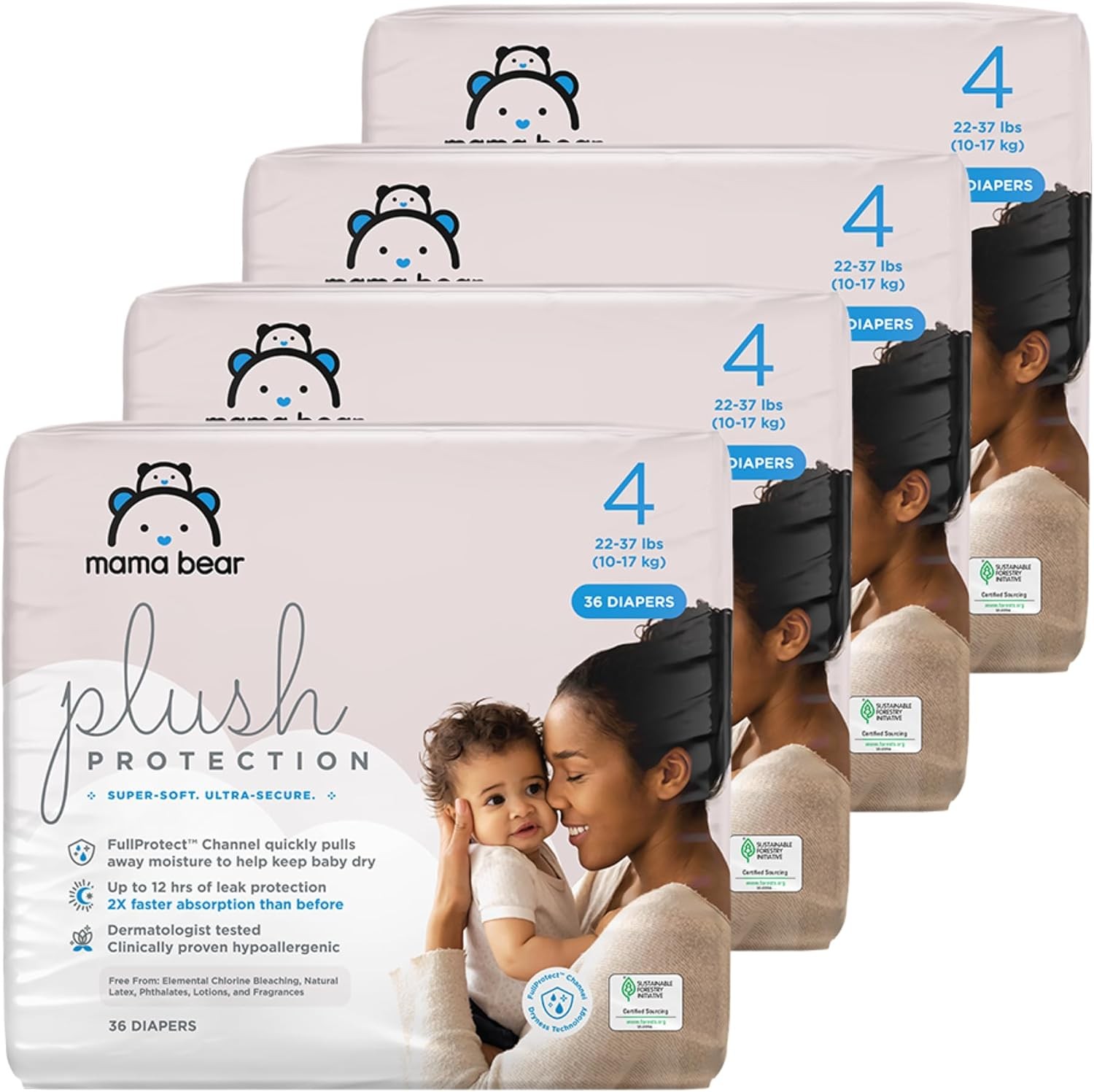 Amazon Brand - Mama Bear Plush Size 4 (144 Count), White and