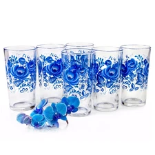 [SET OF 6] Blue Flower GLASSES Juice Highball Drinking Glasses Set 6 x 7 fl oz