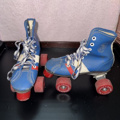Vintage Official Roller Derby Skates Blue Urethane Wheels Blue Quad Kids Size 13