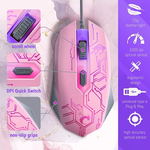 Pink Gaming Keyboard and Mouse Headset Headphones and Mouse pad Wired LED RGB - Picture 5 of 5