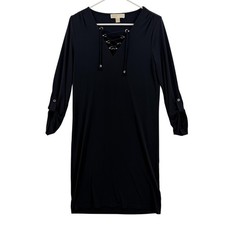 Michael Kors Dress Womens Small Black Lace-Up Shift Roll Tab 3/4 Sleeve